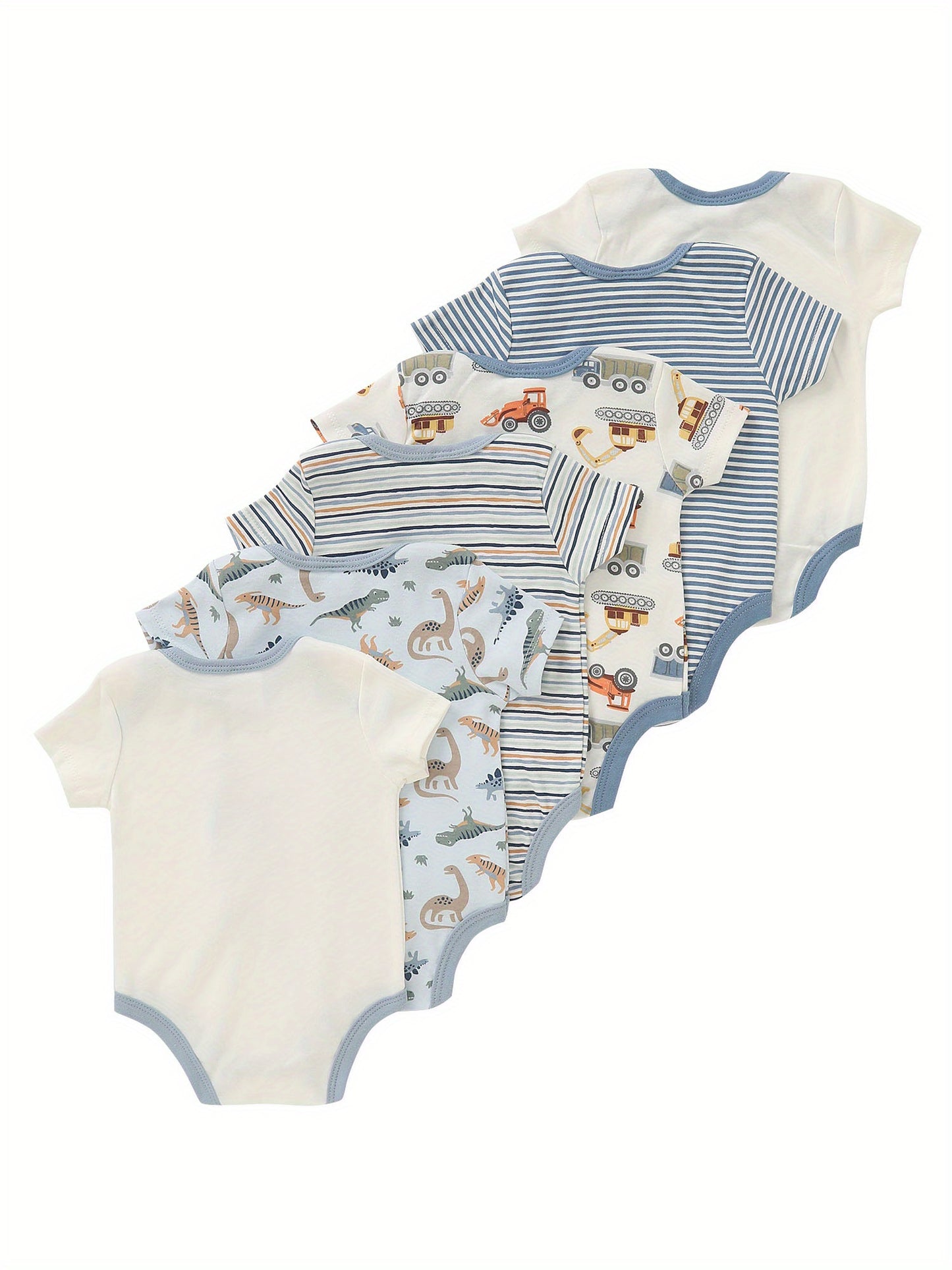 6pcs PAYIFANG Youngsters Boy Rompers with Dinosaur & Truck Embroidery - Cotton Blend, Short Sleeve, Round Neck Bodysuits for Youngsters & Youngsters, Ideal for Outdoor Activities, Youngsters Boy Clothes, Perfect for Outdoor
