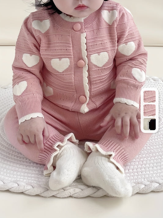 Newborn Baby Clothes Spring/Autumn Set for Girls with Heart Open Cardigan and Hollow Out Sweater Jacket Knit Pants Two-Piece Suit, Perfect for Outdoor