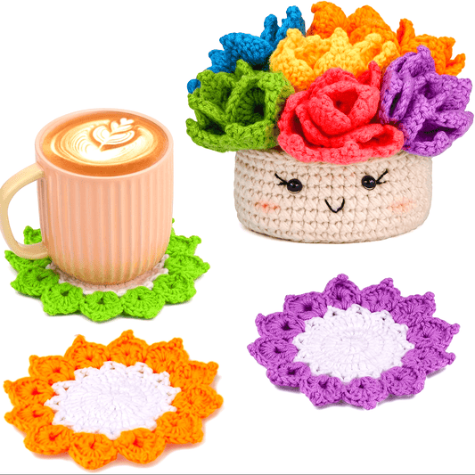 Crochet Set for Making Coasters Shaped Like Potted Plants, Complete with Video Guides And Crochet Hooks for Grown-Ups.
