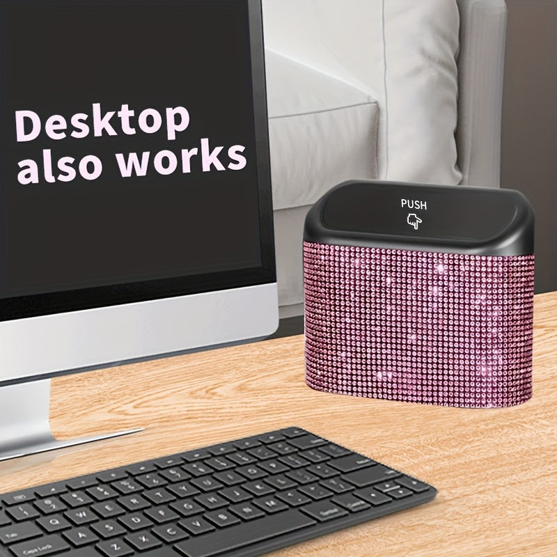 Artificial rhinestone inlaid car trash can, car interior hanging storage bin automatic lid trash can bag multi-functional mother car accessories