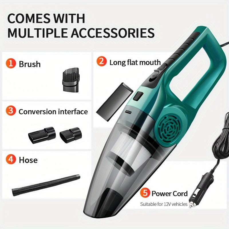 Powerful Car Vacuum Cleaner with Strong Suction, 12V Handheld for Pet Hair Removal, Green & Black Design, Flat Nozzle, Crevice Tool Included, Ideal for Cars and Small Spaces, Auto Interior Cleaning | Sturdy Construction, Vacuum Cleaner Car
