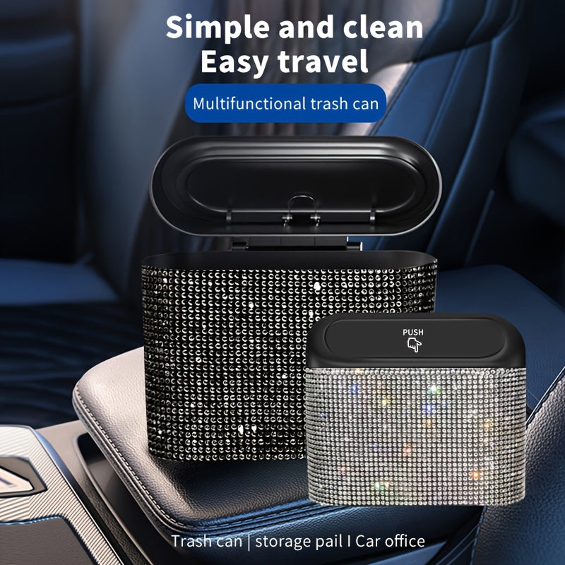 Artificial rhinestone inlaid car trash can, car interior hanging storage bin automatic lid trash can bag multi-functional mother car accessories