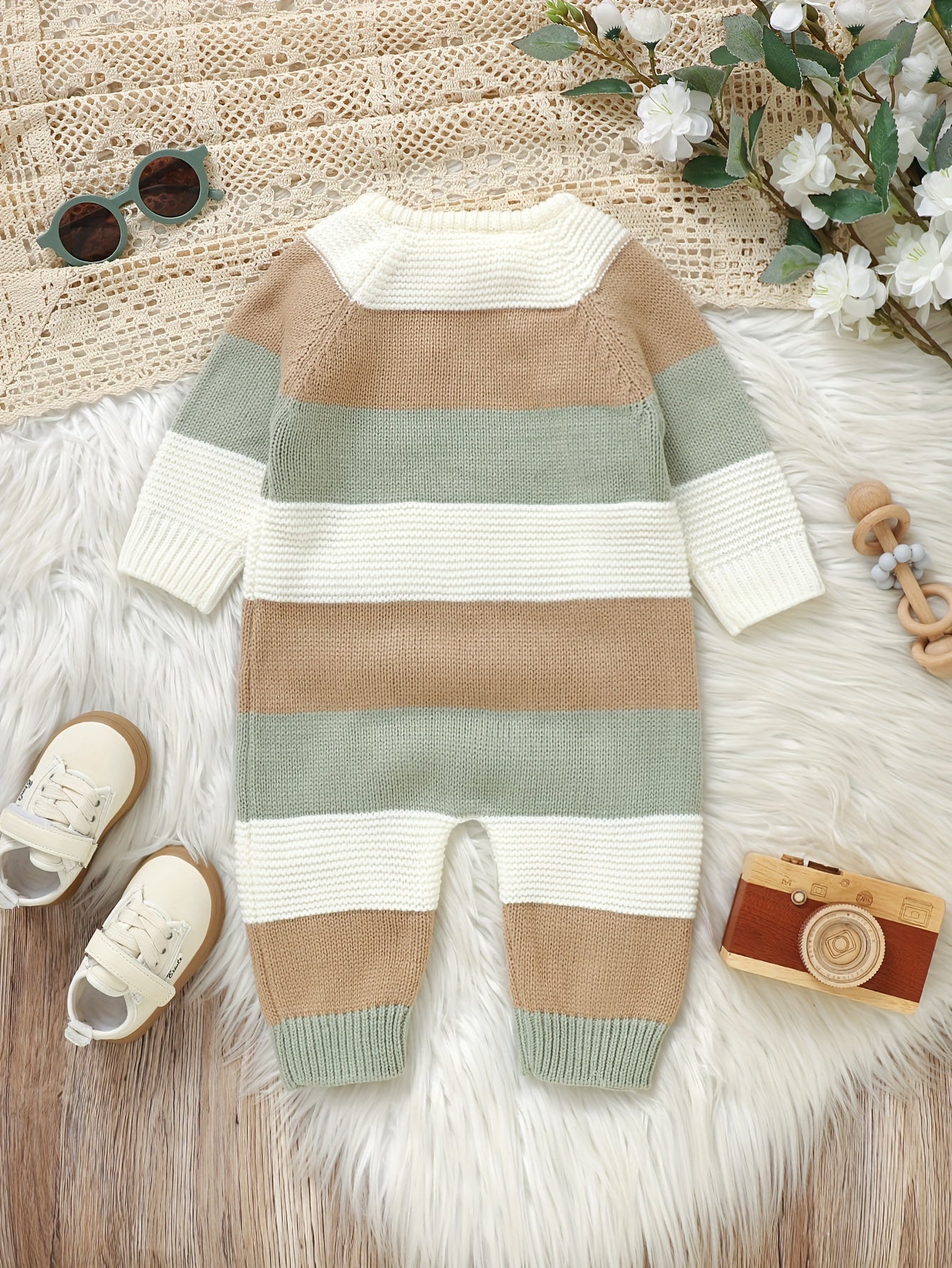 DOVFANNY Baby Boys' Striped Long-Sleeve Romper - Soft Acrylic Knit Jumpsuit with Button Front, Gray & Pink Horizontal Stripes, Perfect for Fall/Winter, Baby Boy Clothes, Fall Winter Apparel, Cozy Infantwear, Playful Infantwear, Durable Infantwear