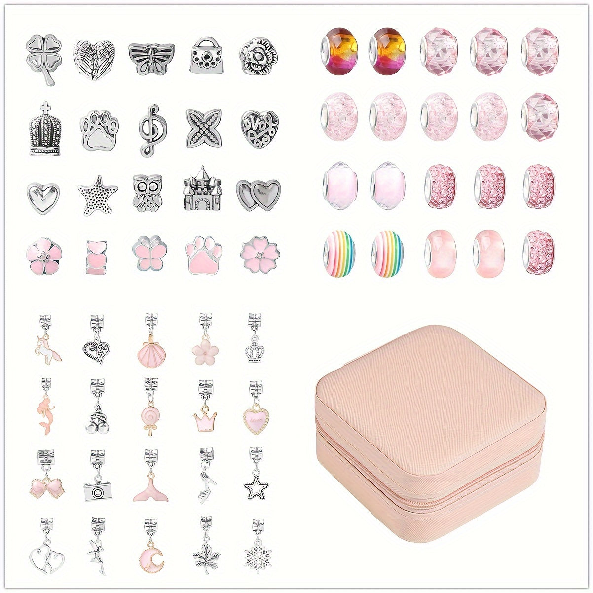 Charm bracelet making kits for girls DIY beads jewelry for gilrs crafts DIY bracelet with pink Faux Leather gift box