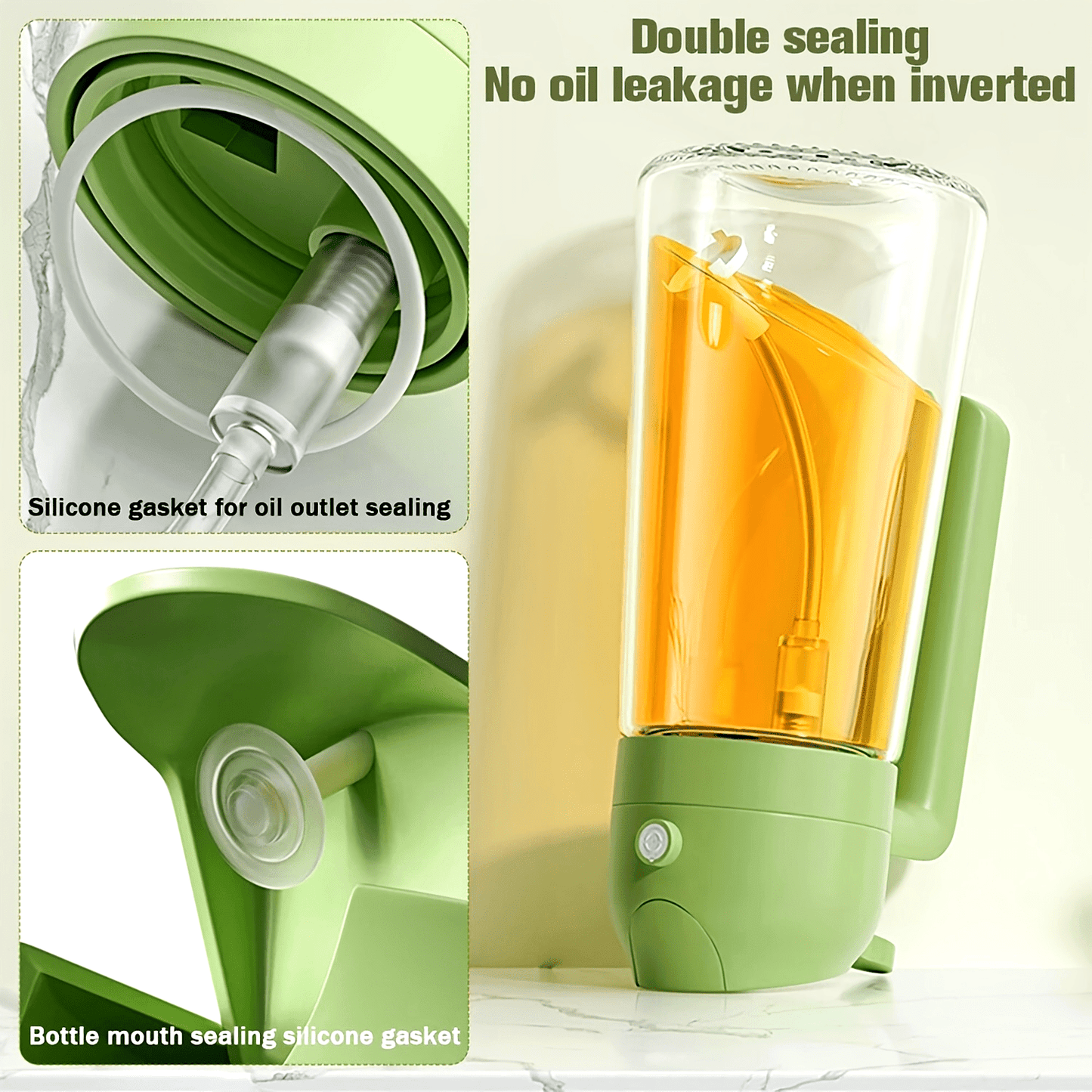 16oz Olive Green Glass Olive Oil Dispenser - 2-in-1 Oil Bottle and Cooking Sprayer with Auto Flip Cap and Label Stickers (Light Blocking)