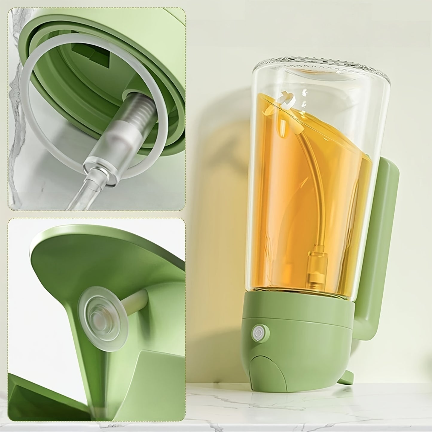16oz Olive Green Glass Olive Oil Dispenser - 2-in-1 Oil Bottle and Cooking Sprayer with Auto Flip Cap and Label Stickers (Light Blocking)