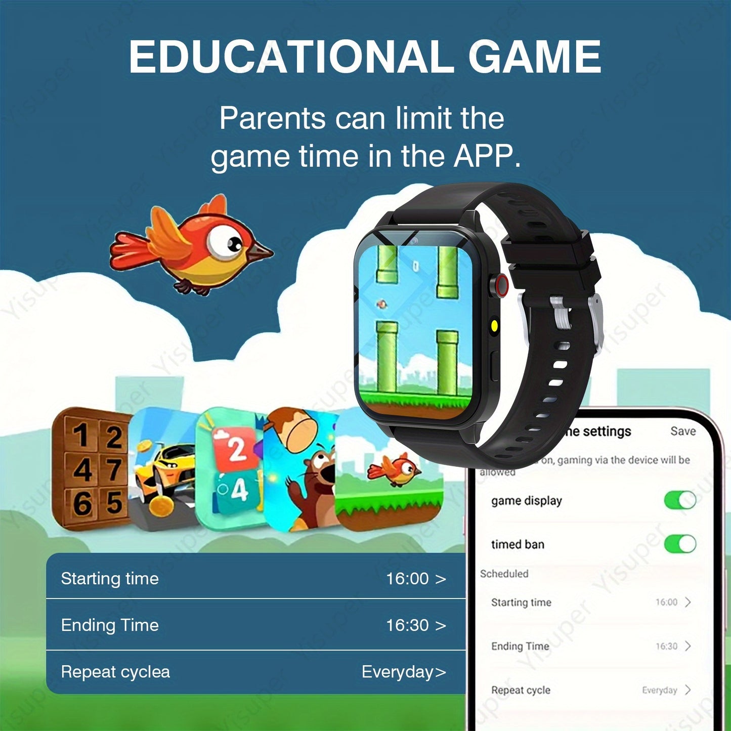 Kids Smart Game Watch with Camera, Photo Album, VCR, 18 Built-In Games, Calculator, Calendar, LED Lights - Black Silicone Strap, Rechargeable Lithium Battery, Perfect Holiday Gift for Children, Holiday Gift Idea|Playful Design|Durable Watchband, Kids' Acc