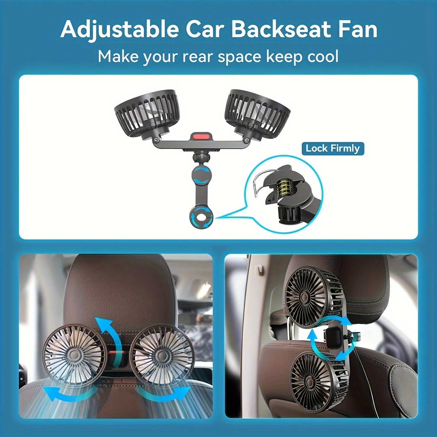 Car-Mounted Fan, Small Car Air Conditioner, Dual Fans, Vehicle Ventilator, Automotive Mini AC, Dual-Head Rear Fan, Powerful Windflow, 5 Blades, 360° Rotation, Ultra-Quiet Operation, Easy Clip Installation, Foldable for Underheadrest Storage, Detachable fo