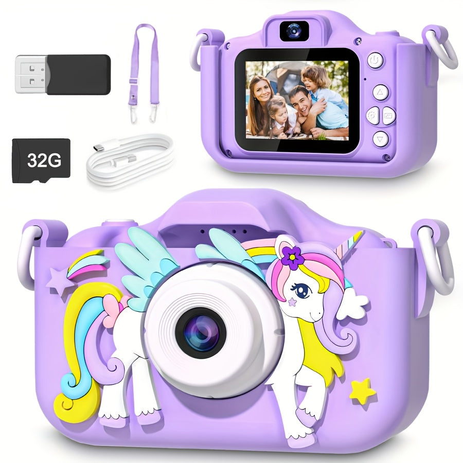 Unicorn-Themed Youngsters' HD Digital Camera with Front & Rear Lenses, Rechargeable Portable Toy with Video Games, 32GB Storage, USB Charging, Bright Pink/Purple, Perfect Birthday Gift for Boys & Girls Ages 3-12, Youngsters's Digital Camera | Whimsical De