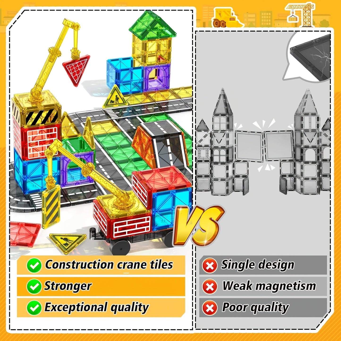 Magnetic Tiles Road Set with Magnet Crane Car Toys, Magnetic Building Blocks STEM Toys Creativity And Learning Construction Toys for Kids Age 3-6 Birthday Christmas Gifts (Random Color)
