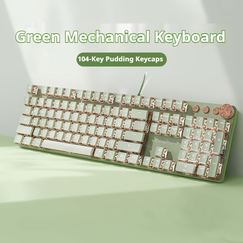 EWEADN Punk Typewriter Mechanical Gaming Keyboard, All-Metal Panel 104Keys Wired Retro Punk Round Keycaps with LED Backlit USB Wired Keyboards, Multimedia knob, Ergonomic Design for Game and Office, for Windows Laptop PC Green Peripherals