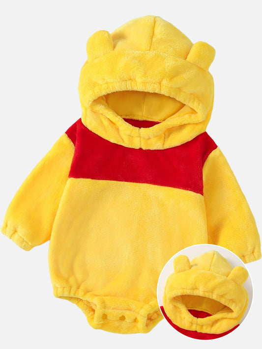 Baby's Cute Bear Character Themed Warm Fuzzy Hooded Long Sleeve Bodysuit, Toddler & Infant Girl's Onesie For Spring & Fall Outdoors