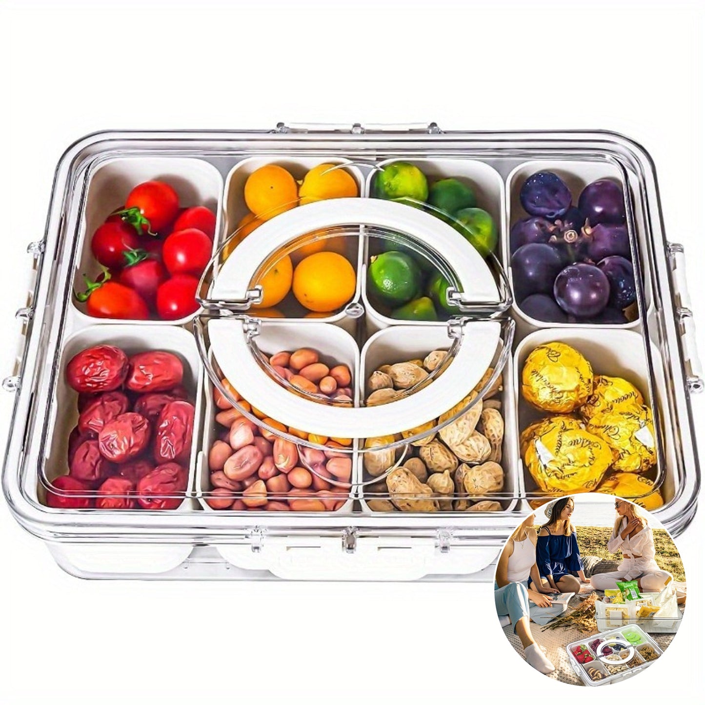 1pc Clear 8 Compartments Divided Serving Tray With Lid And Handle, Snackle Box, Charcuterie Container, Portable Snack Platters For Party, Kitchen Supplies