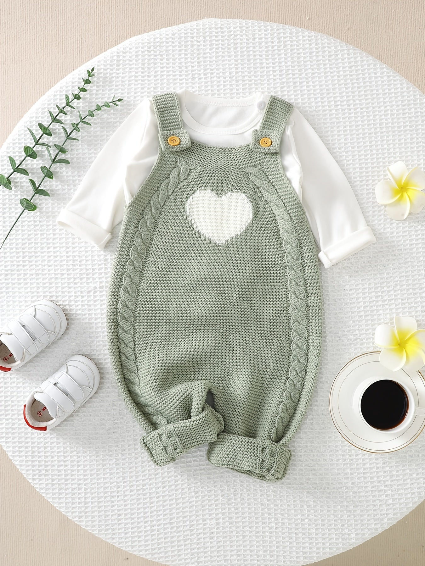 Unisex Bodysuit with Heart Jacquard Detail - Soft 100% Acrylic Square Neck Winter Outfit, Elastic Crotch & Snap Closure, Light Green Adorable Clothing for &, Perfect for Outdoor