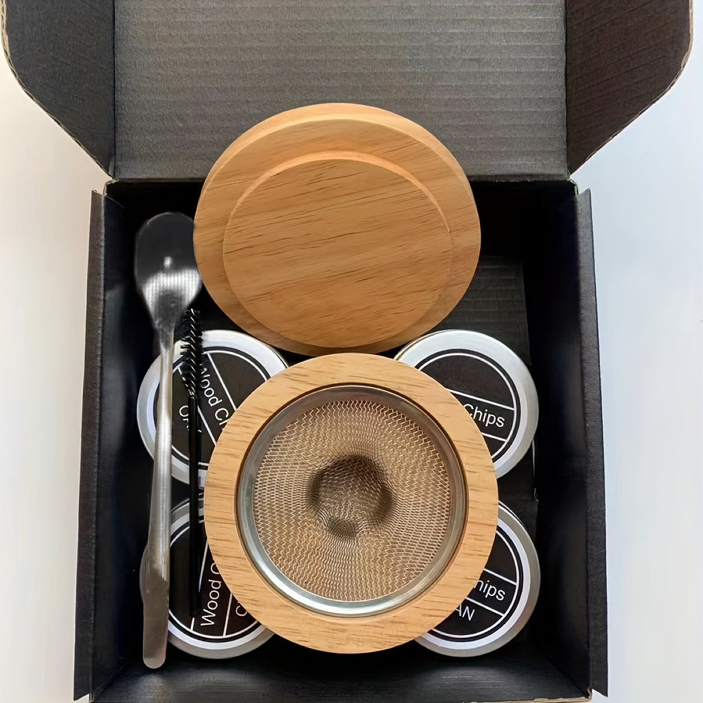 Creative Cocktail Smoky Wooden Lid Set - Zelkova Schneideriana Wooden Lid with Metal Ring, Perfect for Infusing Flavors into Beverages, Cocktail Lid | Aesthetic Cocktail Lid | Wooden Lid