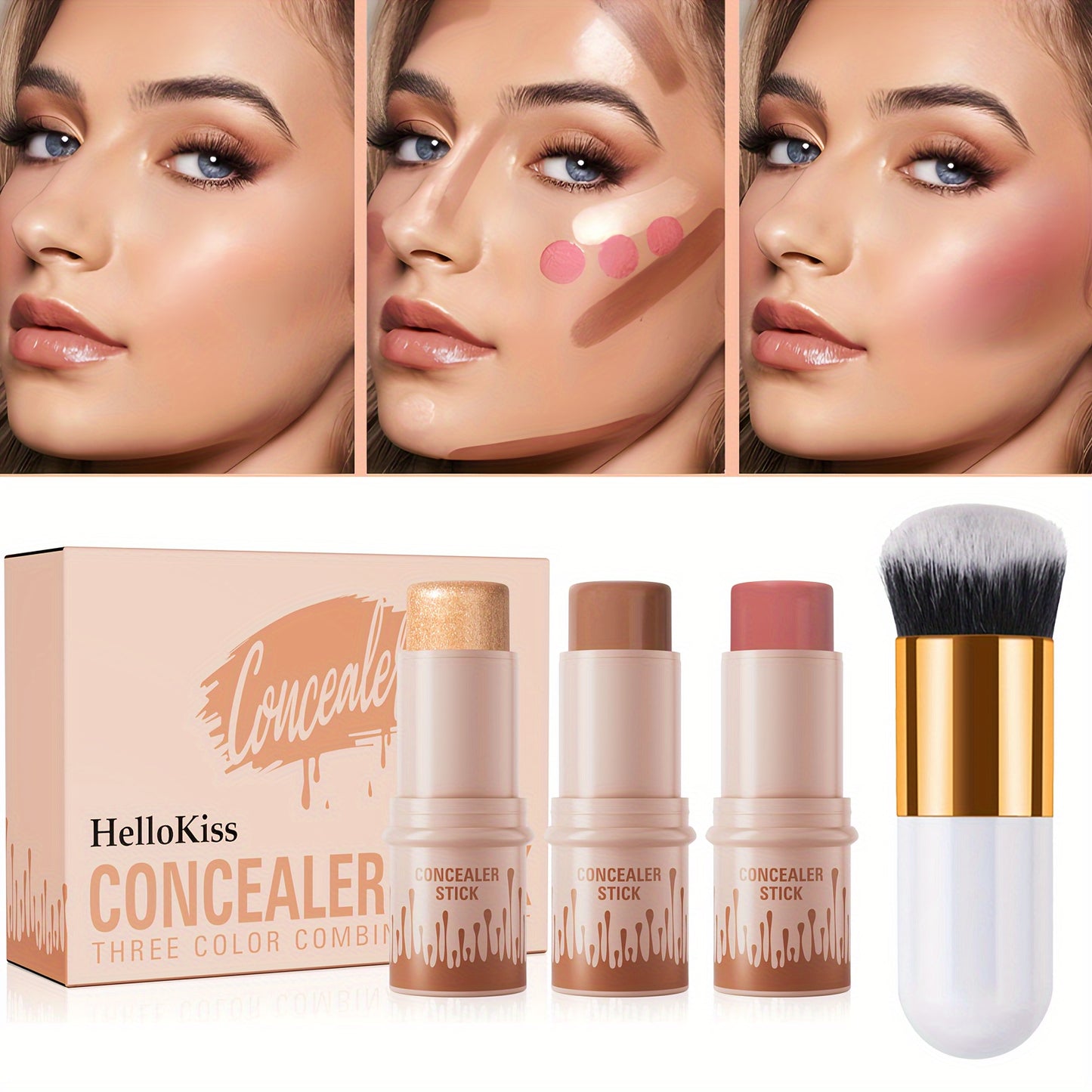 Contour Stick, Blush Stick, Highlighter Stick, Bronzer Stick, 3pcs Cream Contour Kit with Brush for a Flawless Look, Contour Stick Makeup Non-Greasy Waterproof, Long-lasting Fair-Medium Suitable gift giving for Halloween, Thanksgiving, and Christmas