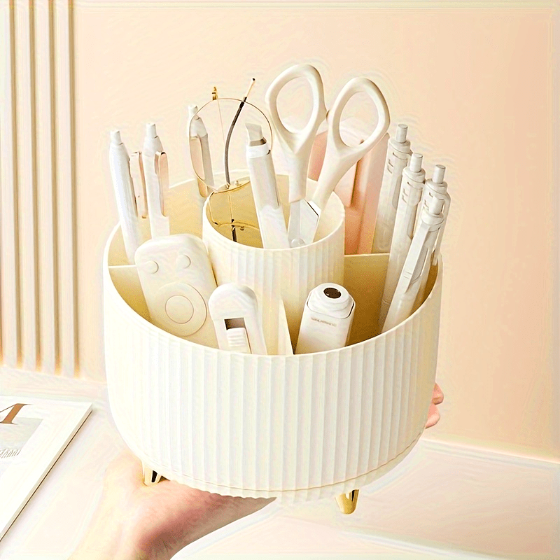 Round Multi-Compartment Rotating Pen Holder - Plastic Desk Organizer for Office Supplies and Cosmetics