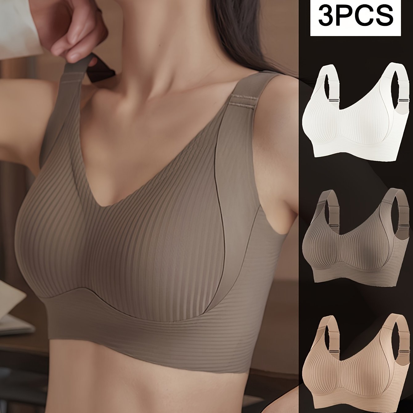 3pcs Women's Push-Up Bras Anti-Sagging Adjustable Comfort Seamless High Support Wire-Free with Removable Pads & Side Smoothing Striped Design - Breathable Soft Fabric for Casual Attire (Light Beige/White/Black), Comfortable Lingerie, Stylish Lingerie, Smo