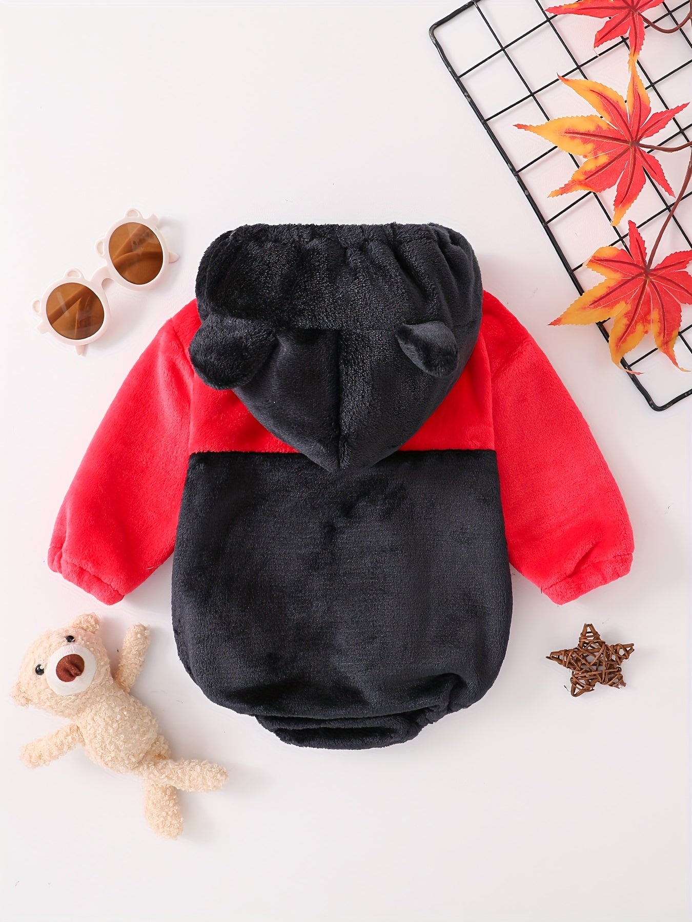 Baby's Cute Bear Character Themed Warm Fuzzy Hooded Long Sleeve Bodysuit, Toddler & Infant Girl's Onesie For Spring & Fall Outdoors