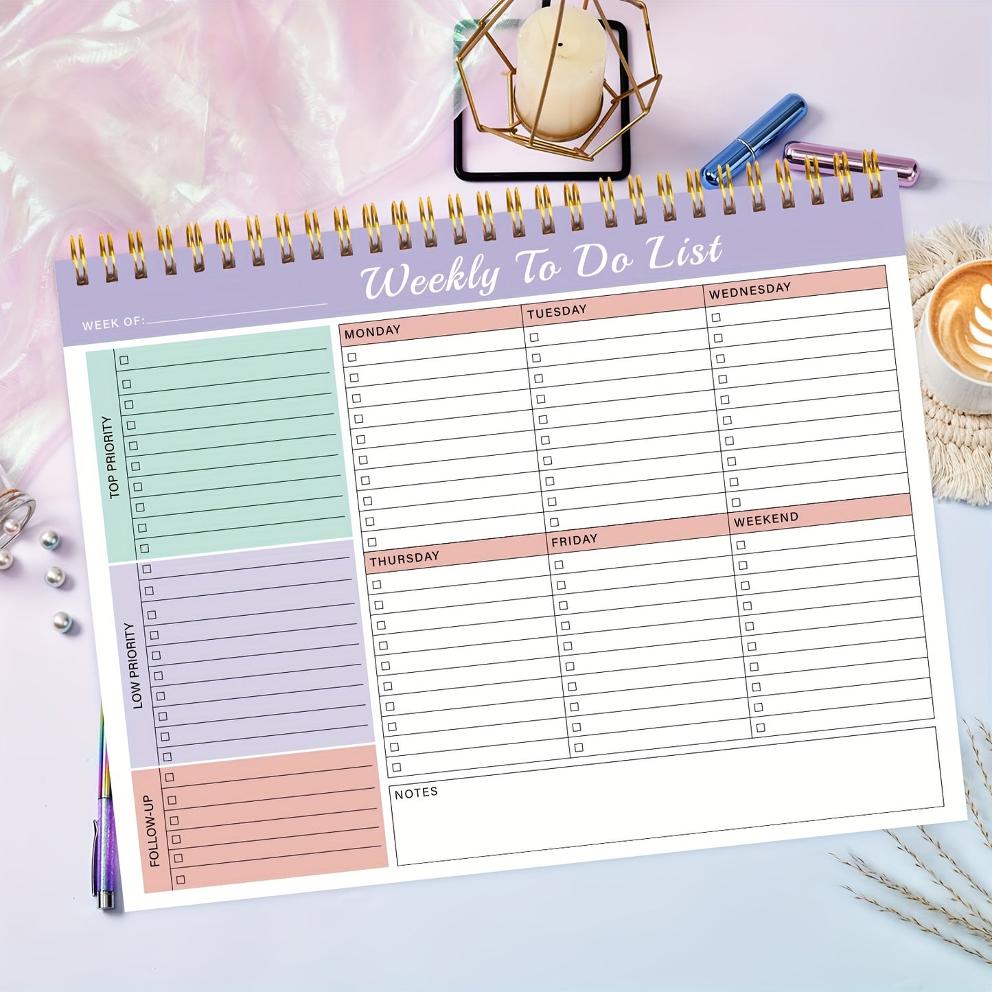 Weekly Planner Pad - Undated 52 Page Spiral or Glue Bound To-Do List, 8.5" x 11" Desk Task Planner for Work & Personal Organization