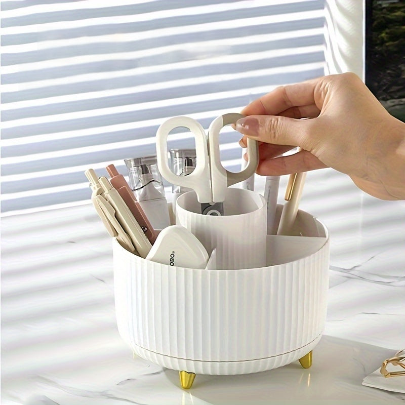 Round Multi-Compartment Rotating Pen Holder - Plastic Desk Organizer for Office Supplies and Cosmetics