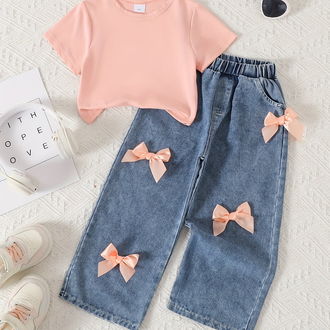 Girls' Pink Bow-Tie Denim Outfit - Short Sleeve T-Shirt & High-Waisted Pants with Adjustable Drawstring Waist, Soft Non-Stretch Fabric, Casual Spring Summer Fall Playwear, Denim Shorts for Girls, Spring Summer Clothing, Playful Design, Soft Fabric, Perfec