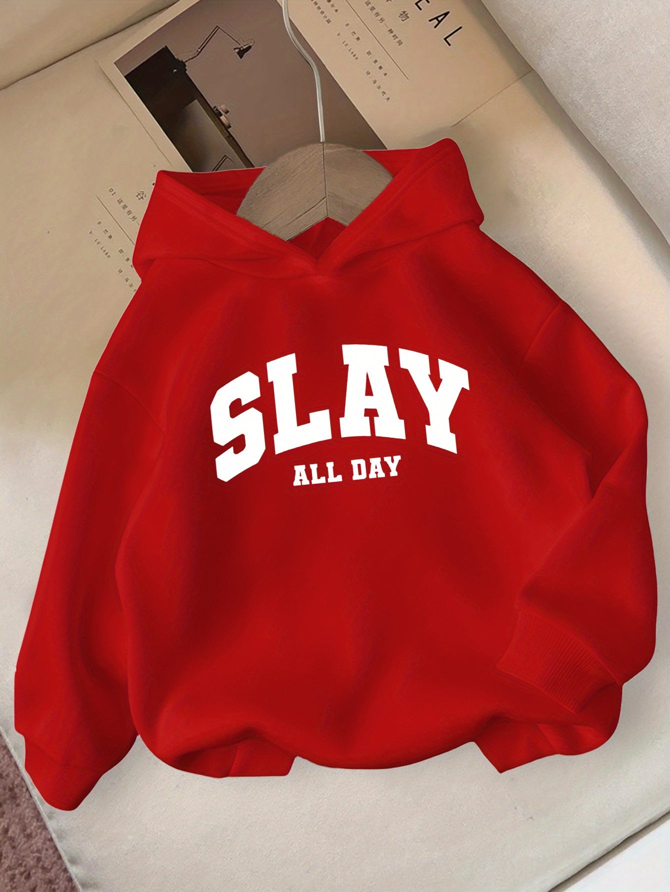 Girls' Pink "SLAY ALL DAY" Hooded Sweatshirt - Casual Long Sleeve Winter Pullover with Bold White Lettering, Regular Fit for Autumn & Winter, Winter Clothes for Girls, Comfortable Fit