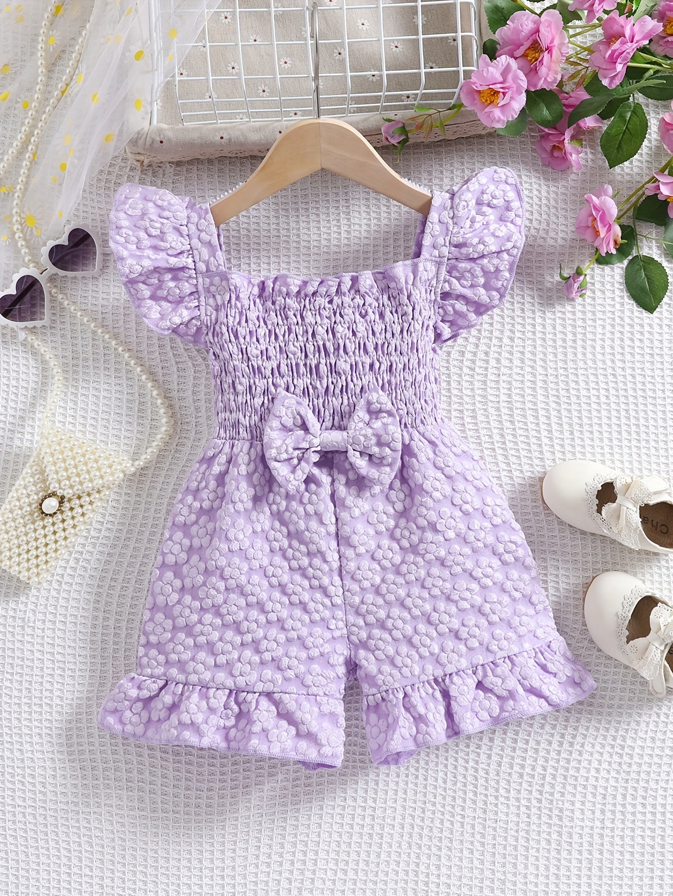 Summer Floral Print Girl'S Romper with Puff Sleeves & Bow Detail - Light Purple Ruffled Hem, Breathable Shorts for 0-3 Years, Cute Outfit for Warm Weather, Toddler Girl Outfit, Playful Little One'S Wear, Soft Texture Fabric, for Outdoor