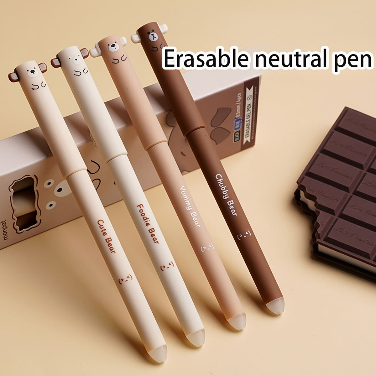 Four Small Bear Erasable Pens, Coffee Bear Neutral Pen, Cartoon Heat Erasable Mocha High-Temperature Disappearing Pen