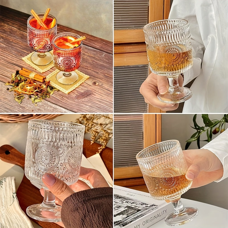 Set of 6/8pcs, Vintage 8 Oz Glasses, Floral Relief Wine Glasses, Transparent Glass Drinkware Set, Drinking Glasses, Bar Glassware for Iced Tea, Wine, Beer, Juice, Cocktail, Whisky