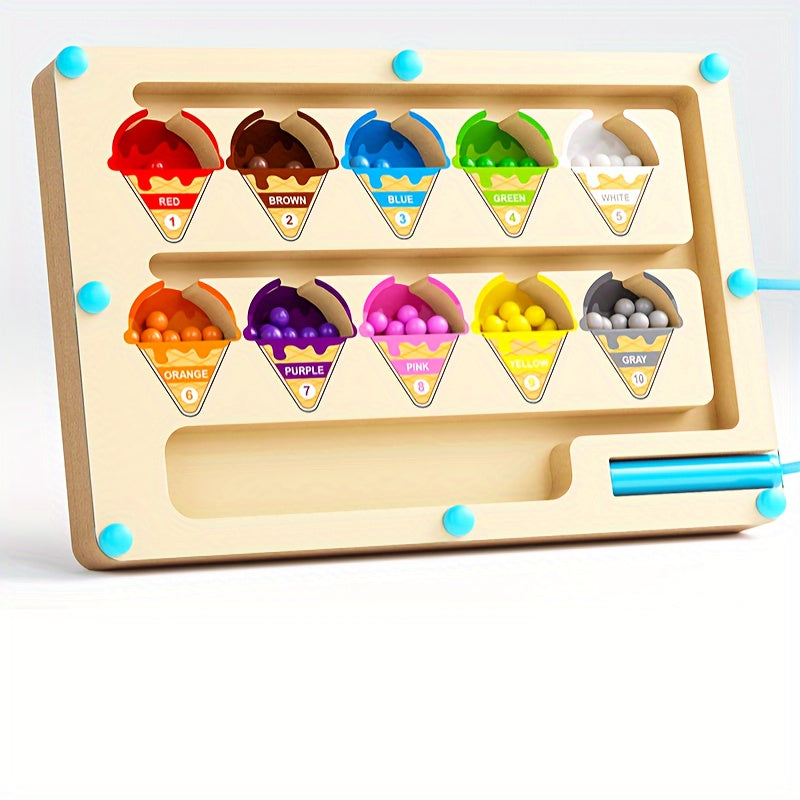Wooden puzzle maze toy, focusing on training color classification, numerical calculation, suitable for children over three years old to walk in the maze magnetic ice cream Christmas, birthday gifts, Best for Christmas