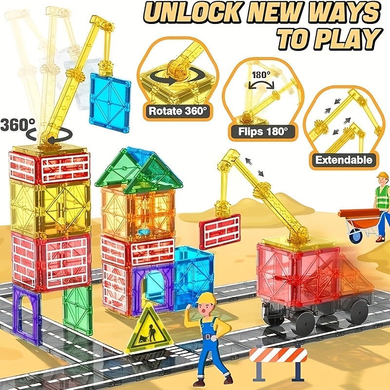 Magnetic Tiles Road Set with Magnet Crane Car Toys, Magnetic Building Blocks STEM Toys Creativity And Learning Construction Toys for Kids Age 3-6 Birthday Christmas Gifts (Random Color)