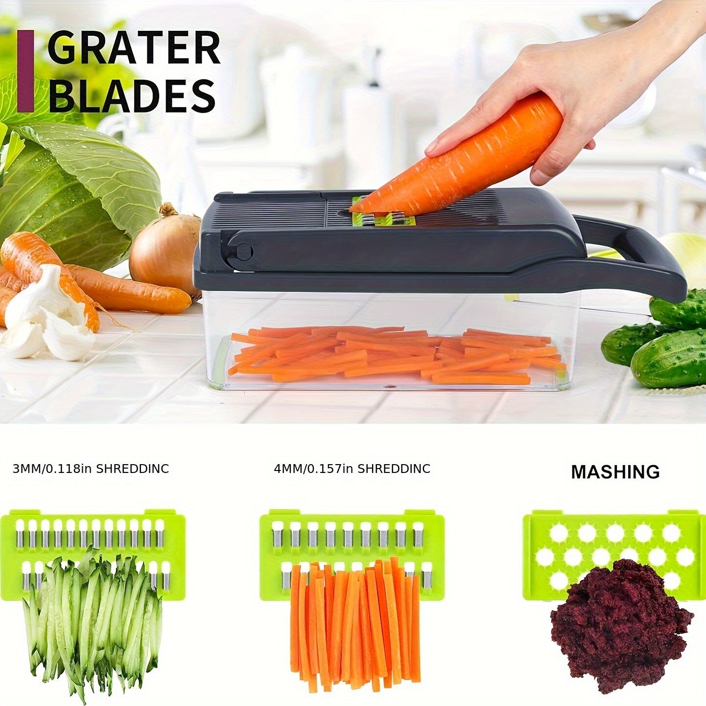16-in-1 Multifunctional Vegetable Chopper - Manual Food Slicer Dicer with Container, Kitchen Veggie Cutter for Onion, Carrot, Garlic - Plastic Kitchen Gadget Set with Drain Basket & Hand Protector