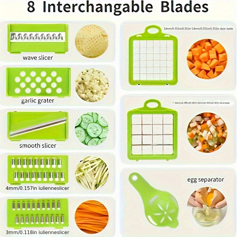 16-in-1 Multifunctional Vegetable Chopper - Manual Food Slicer Dicer with Container, Kitchen Veggie Cutter for Onion, Carrot, Garlic - Plastic Kitchen Gadget Set with Drain Basket & Hand Protector