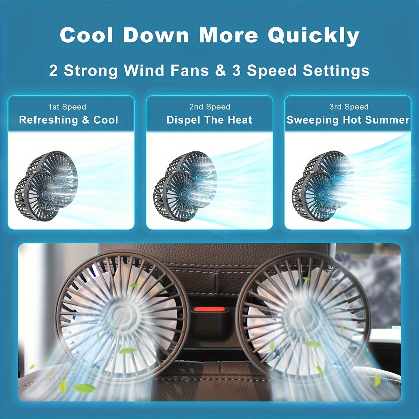Car-Mounted Fan, Small Car Air Conditioner, Dual Fans, Vehicle Ventilator, Automotive Mini AC, Dual-Head Rear Fan, Powerful Windflow, 5 Blades, 360° Rotation, Ultra-Quiet Operation, Easy Clip Installation, Foldable for Underheadrest Storage, Detachable fo