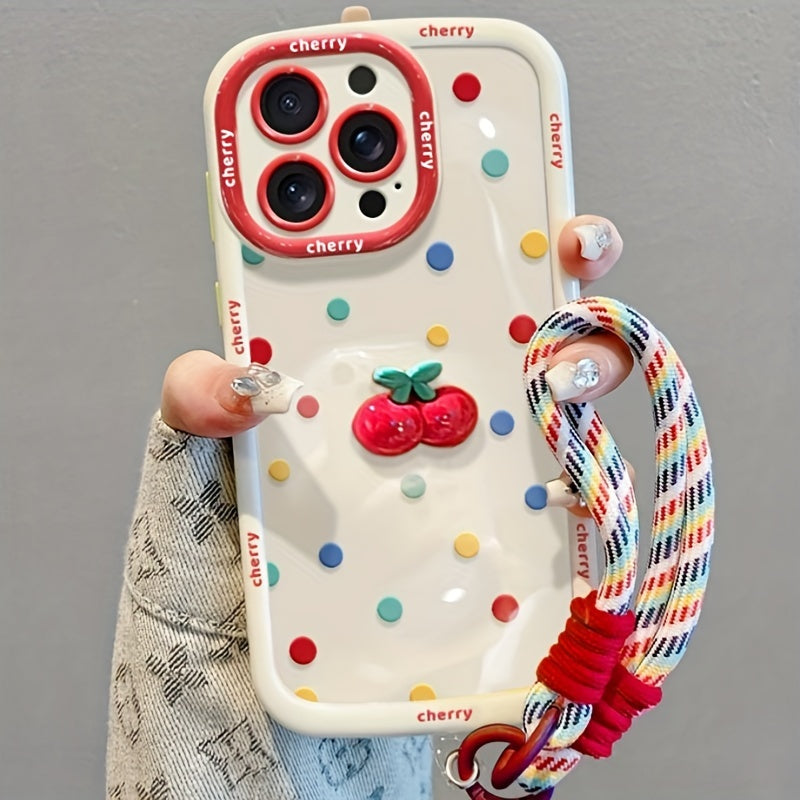 Cream shell painted cherry doll with colorful polka dot phone case with hanging rope for iPhone 11 12 13 14 15 16 promax