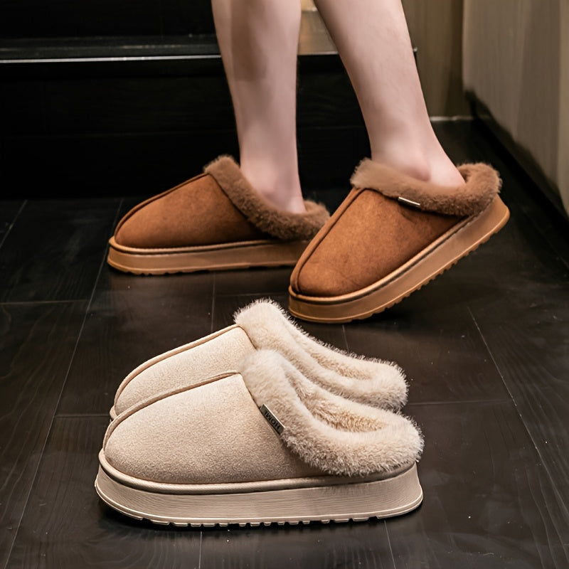 Cozy Plush-Lined Unisex Slippers with Thick Sole – Warm Indoor/Outdoor Winter Shoes, Soft Fabric Upper & EVA Sole, Brown &, Perfect for Couples or Home Use, Cute Slippers, Indoor Footwear, Plush Interior, Slipresistant Footwear