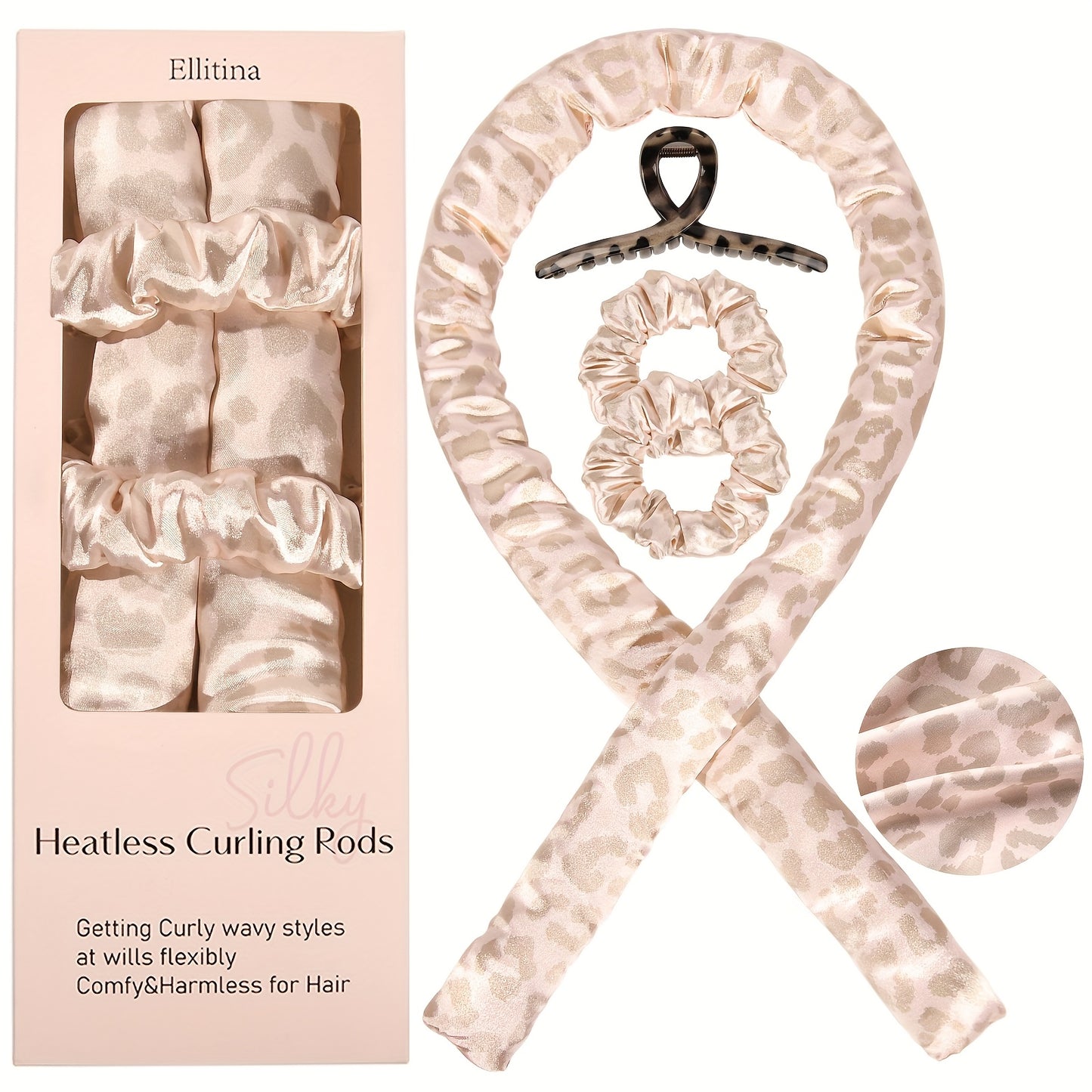 Ellitina 4pcs Spring-Summer Heatless Curling Set - No-Heat Overnight Waves & Satin Travel Kit | Sleep-Soft Adjustable Rod & Headbands (Leopard/Hearts) | DIY Vacation Curls Anywhere | Luxury Mother's Day gift