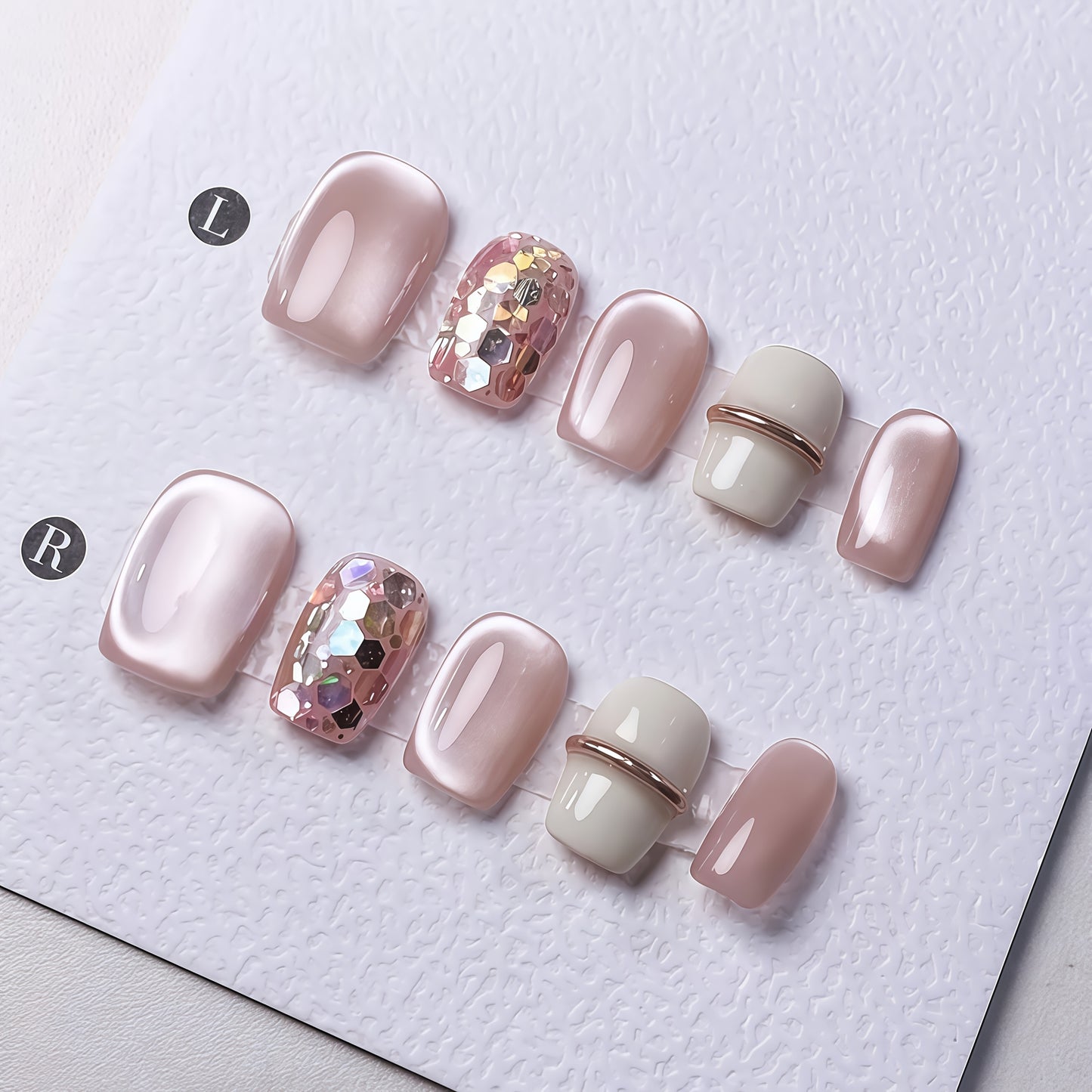 10pcs Handmade Short Press-On Nails - Pink Cat Eye Glitter & Metallic Accents, Square Medium Length Reusable Fake Nails with Satin & Glossy Finish for Hands & Feet