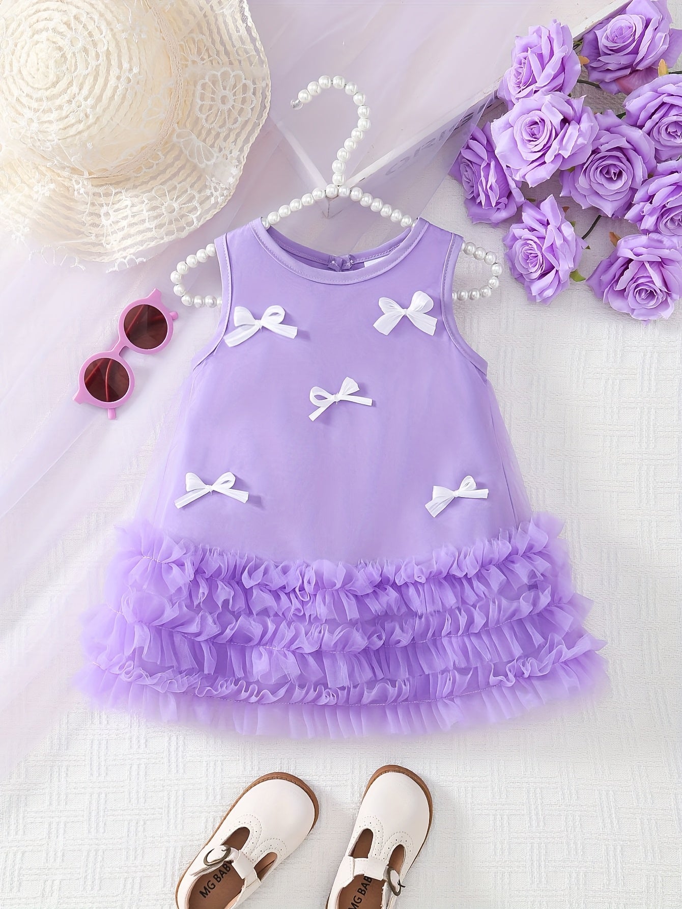 Girls' New Customized Light Pink Sleeveless Round Neck Tulle White Bow Pink Mesh Skirt Lace Casual Outdoor Dress