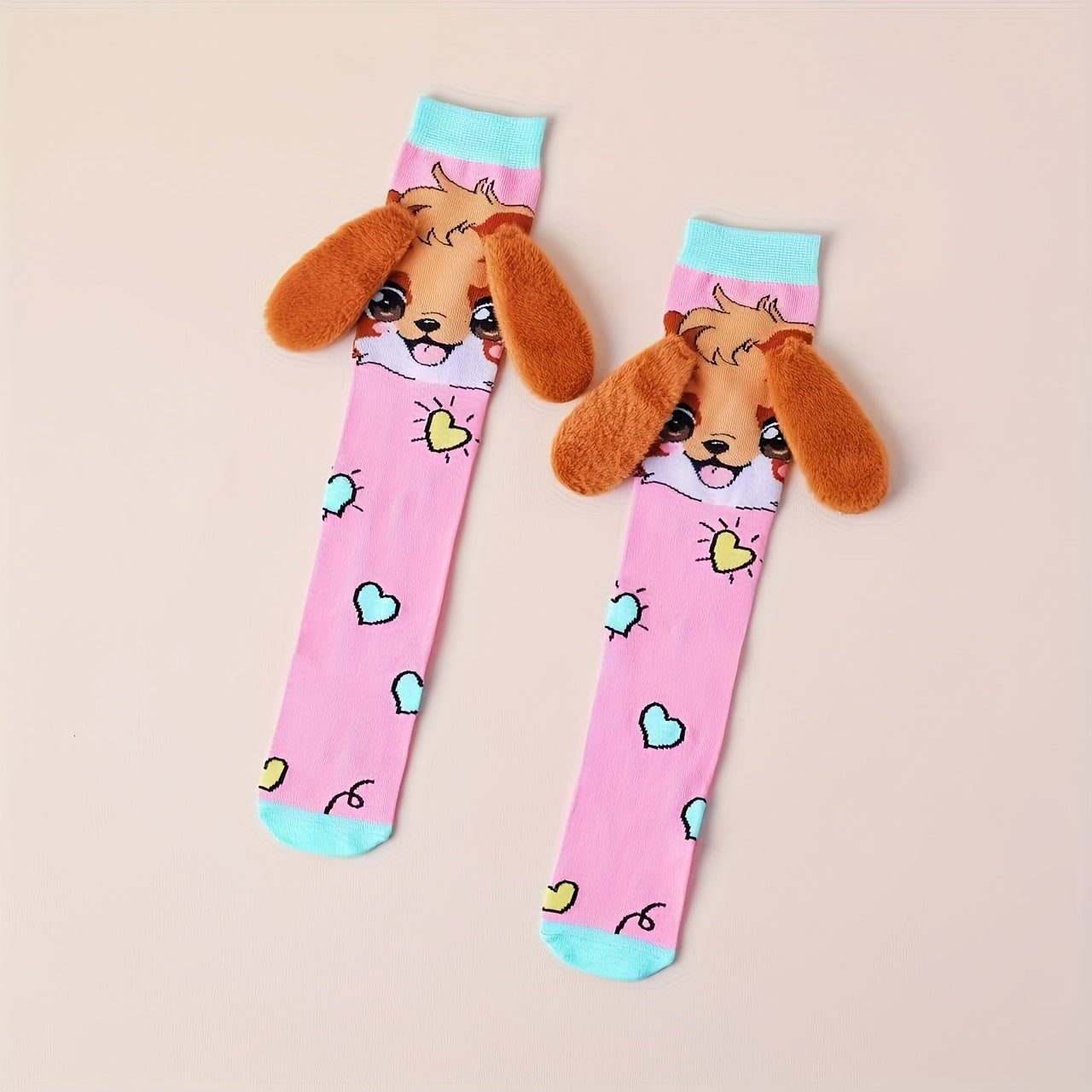 1 Pair Cute Cartoon Dog Ear Knee Socks for Girls - Soft Polyester & Spandex Blend, All-Season Comfort, Perfect Gift for Family & Friends, Decorative School & Party Socks, Dog Socks