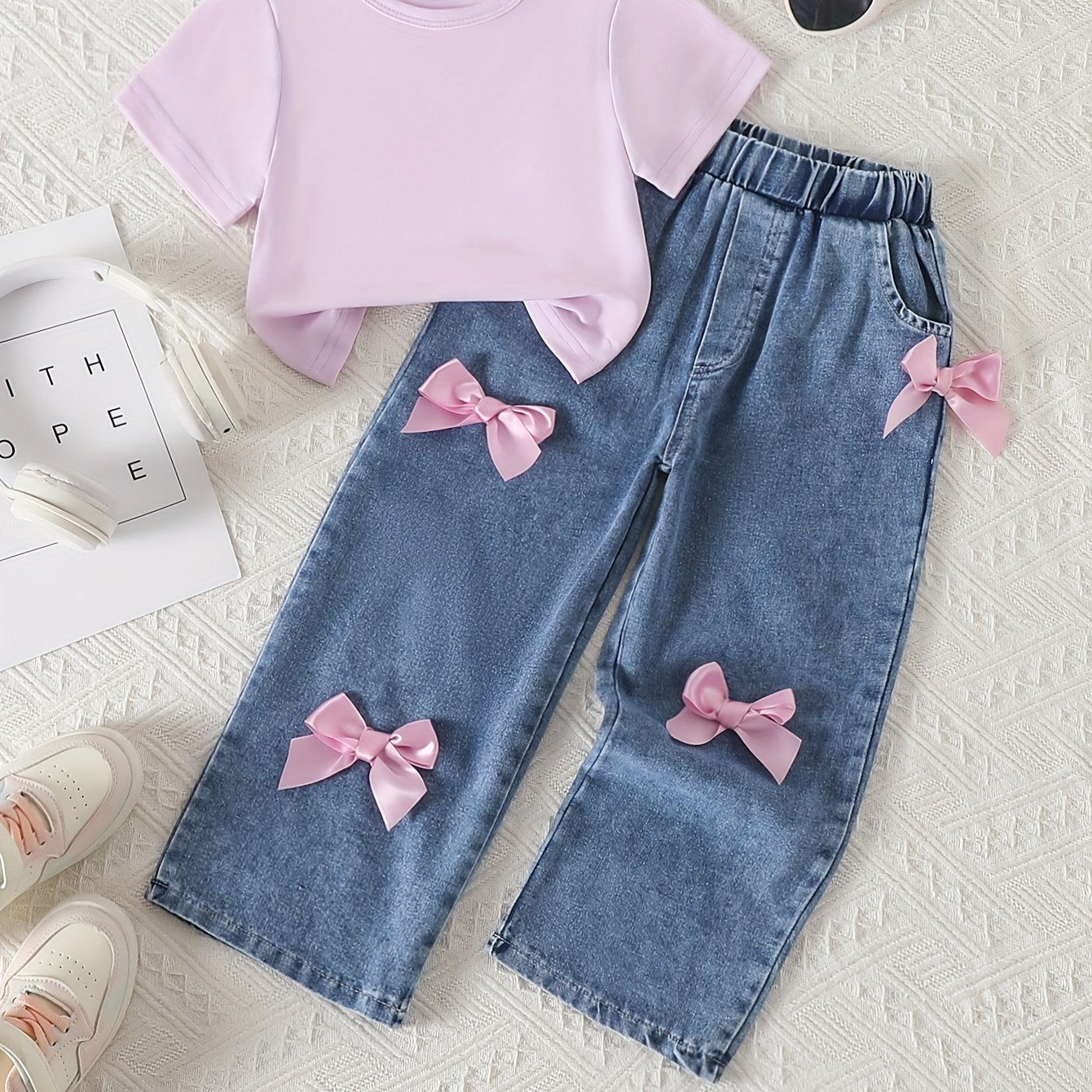 Girls' Pink Bow-Tie Denim Outfit - Short Sleeve T-Shirt & High-Waisted Pants with Adjustable Drawstring Waist, Soft Non-Stretch Fabric, Casual Spring Summer Fall Playwear, Denim Shorts for Girls, Spring Summer Clothing, Playful Design, Soft Fabric, Perfec