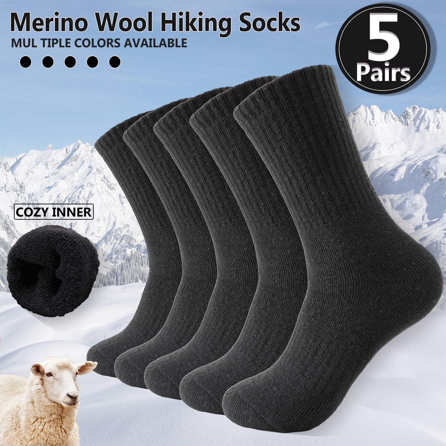 5 Pairs Merino Wool Hiking Socks, Thermal Warm Winter Thick Cushion Moisture Wicking Crew Boot Socks for Women, Perfect for Cold Weather, Winter Warm Essentials
