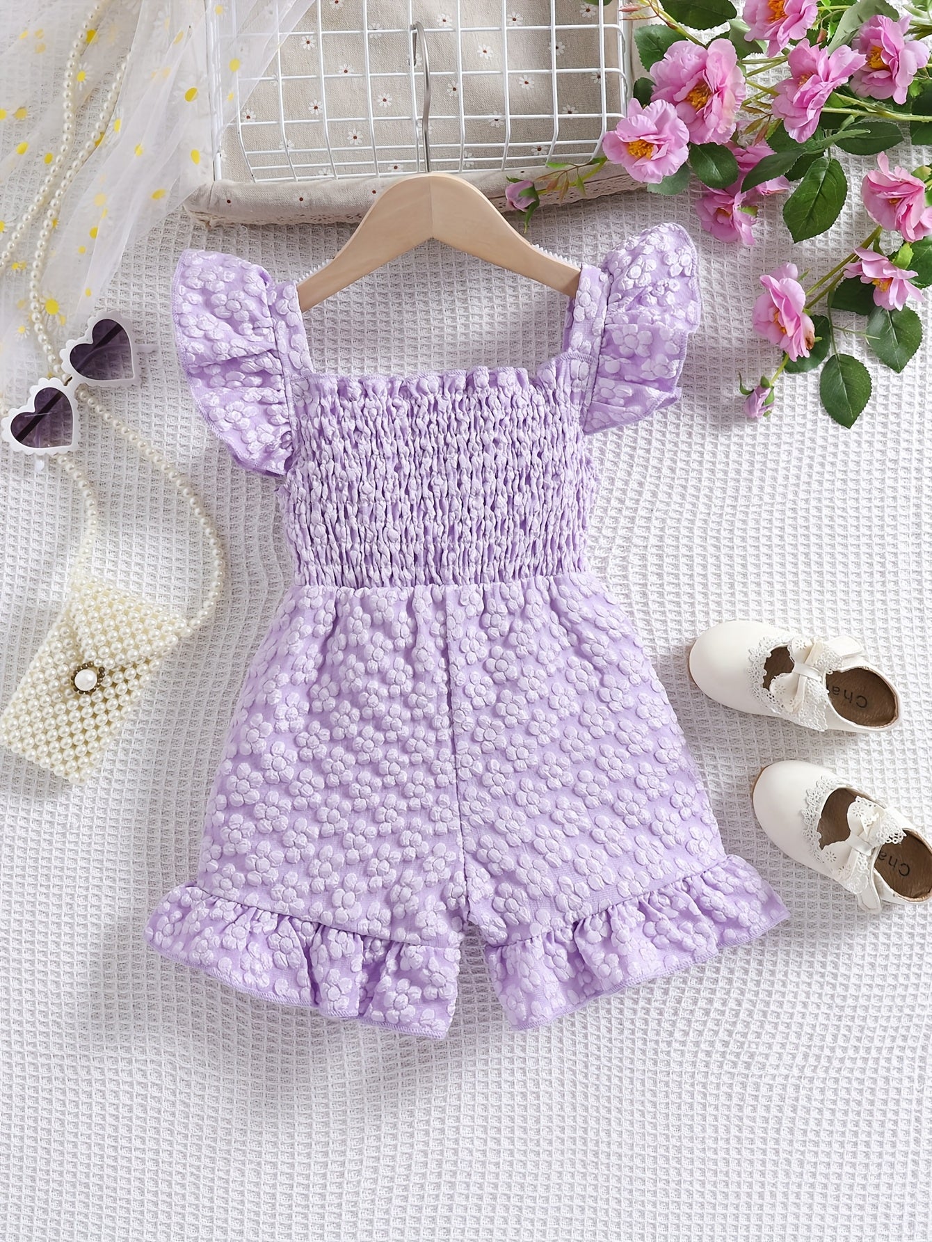 Summer Floral Print Girl'S Romper with Puff Sleeves & Bow Detail - Light Purple Ruffled Hem, Breathable Shorts for 0-3 Years, Cute Outfit for Warm Weather, Toddler Girl Outfit, Playful Little One'S Wear, Soft Texture Fabric, for Outdoor
