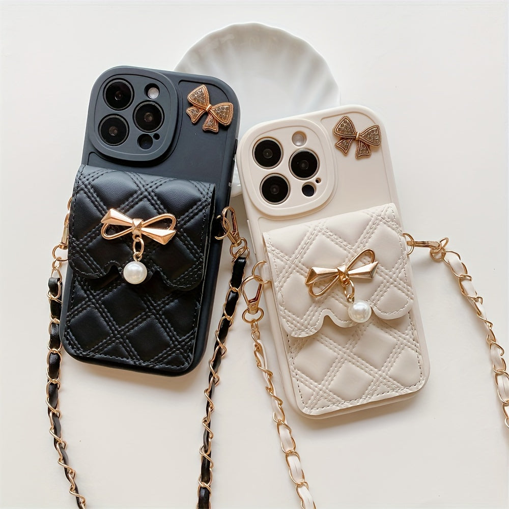 Diamond Grid Bow Card Phone Case Suitable for iPhone 15Promax/14plus with Lanyard Can Be Carried Obliquely 12pro/13promax Full Cover 12Mini/13Mini Soft Case 11 Protective Case Coin Purse