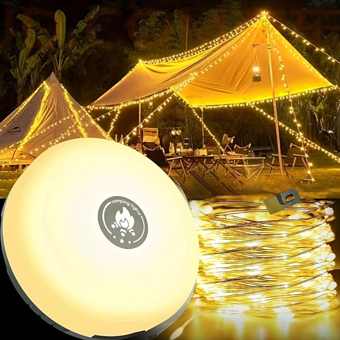 Pack of 1 Camping Light String, Warm Light USB Rechargeable Outdoor Camping Lamp, IP44 Portable Camping Light with 5 Modes and Adjustable Brightness, Durable Halloween Fairy Christmas Lights, Perfect for Thanksgiving