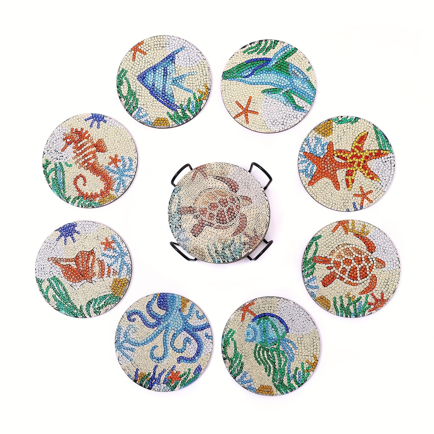 8pcs/set Diamond Painting Kit - DIY White Undersea World Coasters with 10x10cm/3.94x3.94inch Size, Holder, Washable, for Beginners, Adults & Art Craft Supplies