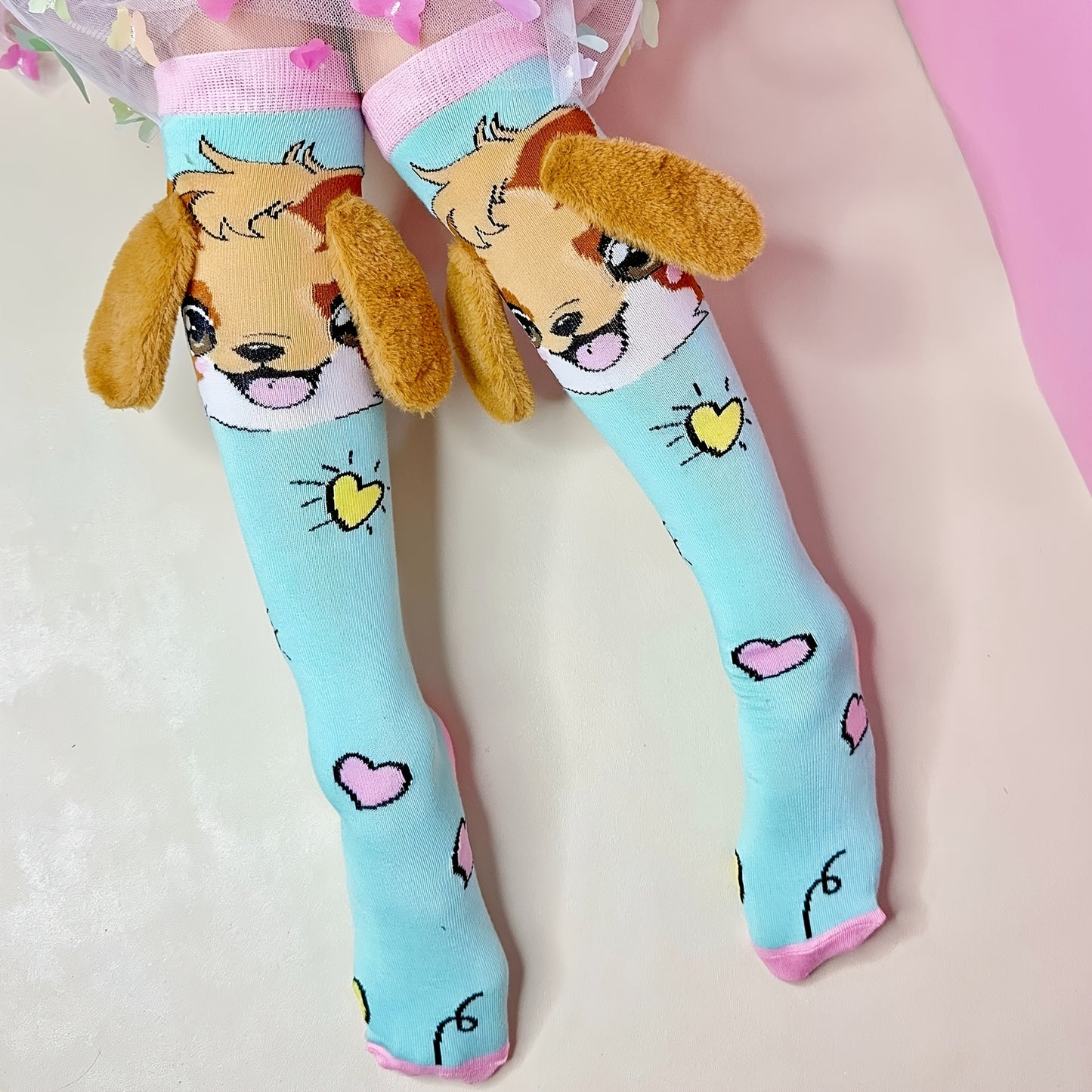 1 Pair Cute Cartoon Dog Ear Knee Socks for Girls - Soft Polyester & Spandex Blend, All-Season Comfort, Perfect Gift for Family & Friends, Decorative School & Party Socks, Dog Socks