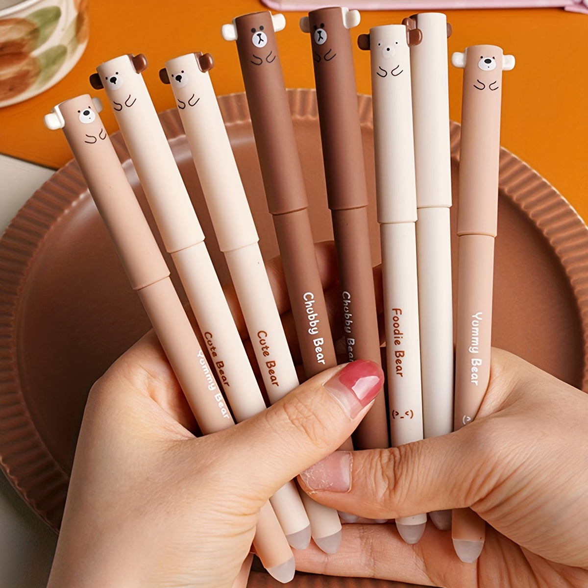 Four Small Bear Erasable Pens, Coffee Bear Neutral Pen, Cartoon Heat Erasable Mocha High-Temperature Disappearing Pen