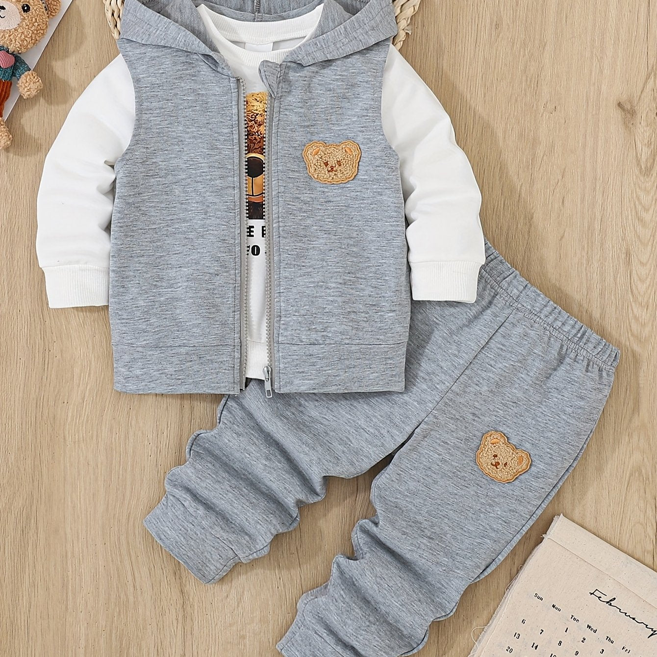 A 3pcs Set for Baby Boys Featuring a Hoodie with Bear And a Vest - Casual Sportswear with Zipper Details, Machine Washable - Perfect for Spring And Autumn, Ideal for Outdoor Activities.